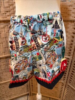 Kids Multi-Color Travel-Print Athletic Shorts with Red Trim